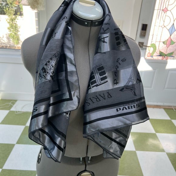 Silky scarf Grey wrap Mob Wives Paris France print 37”x37” - Picture 2 of 8